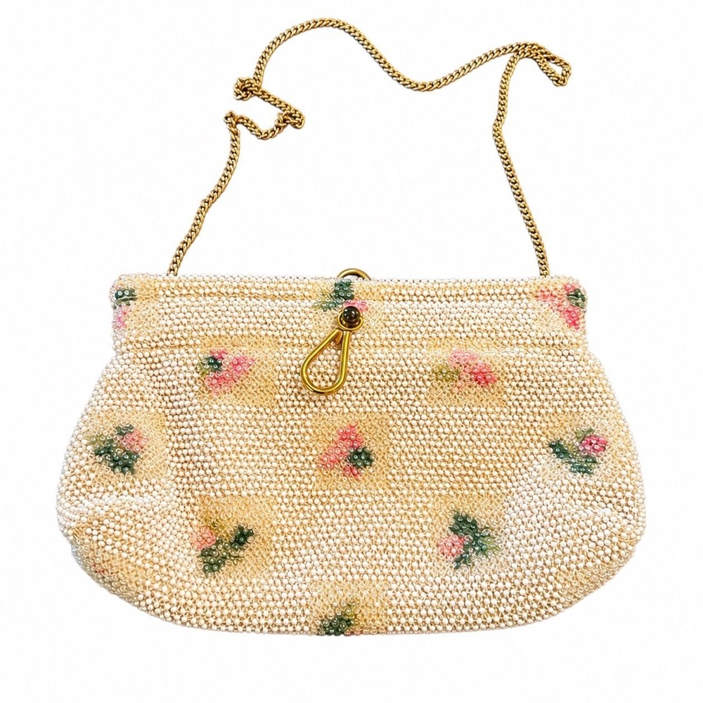 1950s Lumured Caviar Corde Beaded Evening Purse Cream Floral Made in USA